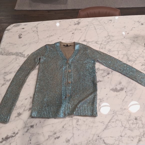 BCBGMaxazria Metallic Teal Blue Cardigan Size Small - Picture 1 of 4